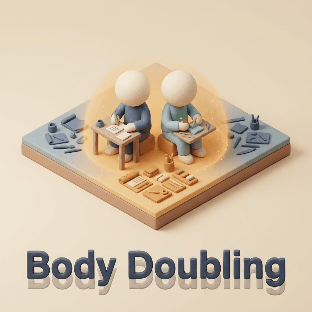Illustration of body doubling — working alongside someone else to help with task initiation