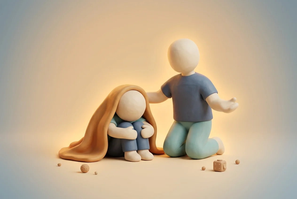Clay illustration of a parent supporting a child during a difficult moment