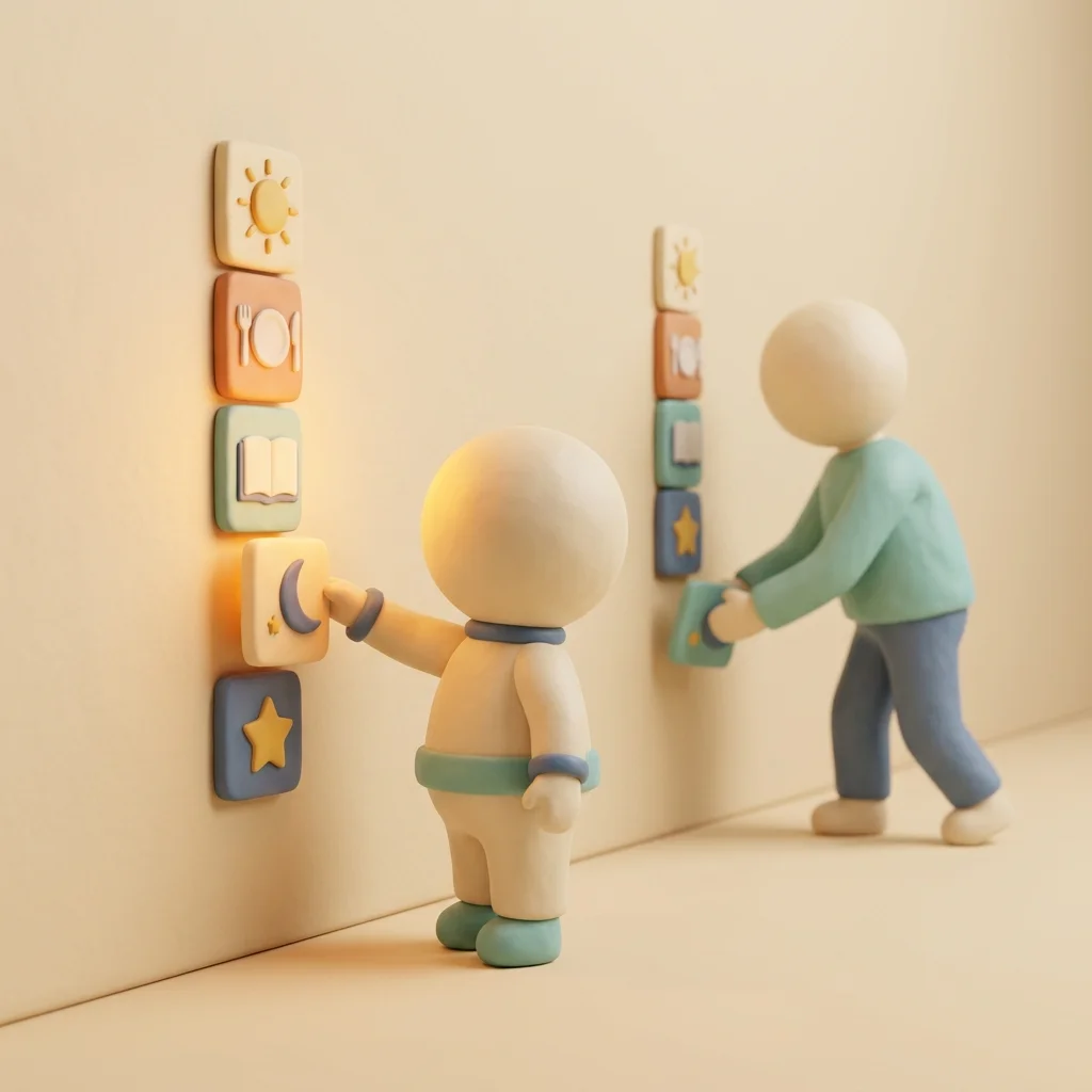 Clay illustration of a parent and child establishing a daily routine