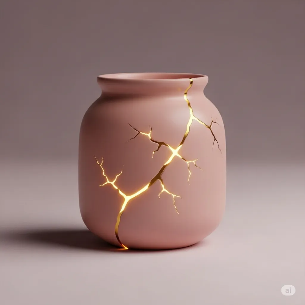 Clay kintsugi heart illustration representing strength through difference