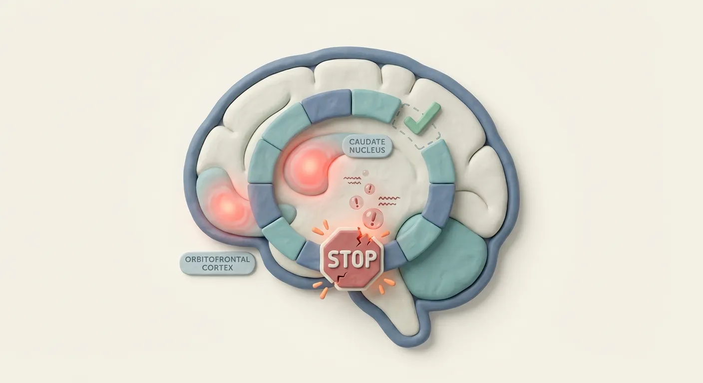 The Broken Stop Signal: The Cortico-Striatal-Thalamo-Cortical (CSTC) loop is responsible for filtering thoughts and habits. In OCD, this loop gets stuck. The brain generates a 'something is wrong' signal but fails to generate the 'it's handled' signal.
